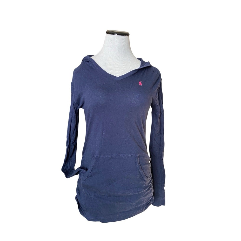 Ralph Lauren Y2K V-Neck Fitted Hoodie Shirt Women Size L Navy Lightweight Preppy